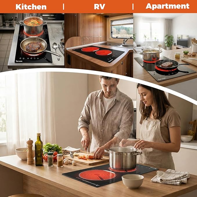 TOPWISH 12 Inch Electric Cooktop, 2 Burners Built-in Electric Stove Top Hot Plate, Drop-in Ceramic Cooktop Kitchen Stoves with Touch Control, Safety Lock, Timer, Overheat Protection, 120V Plug in