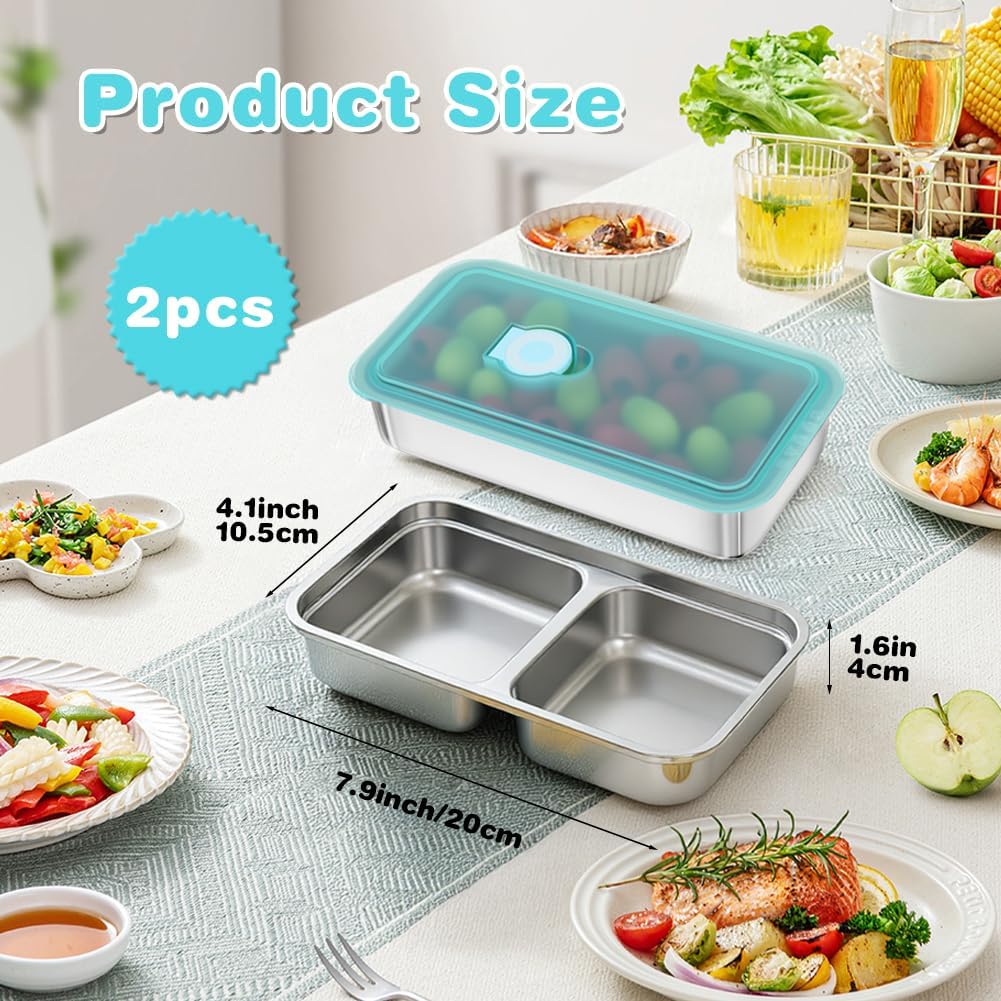 YQL 2 Pack Stainless Steel Food Containers with Lids, Double & Single Compartment Snack Boxes for Kids, Leakproof Reusable Bento Box for Lunch Prep, Travel, School, Camping