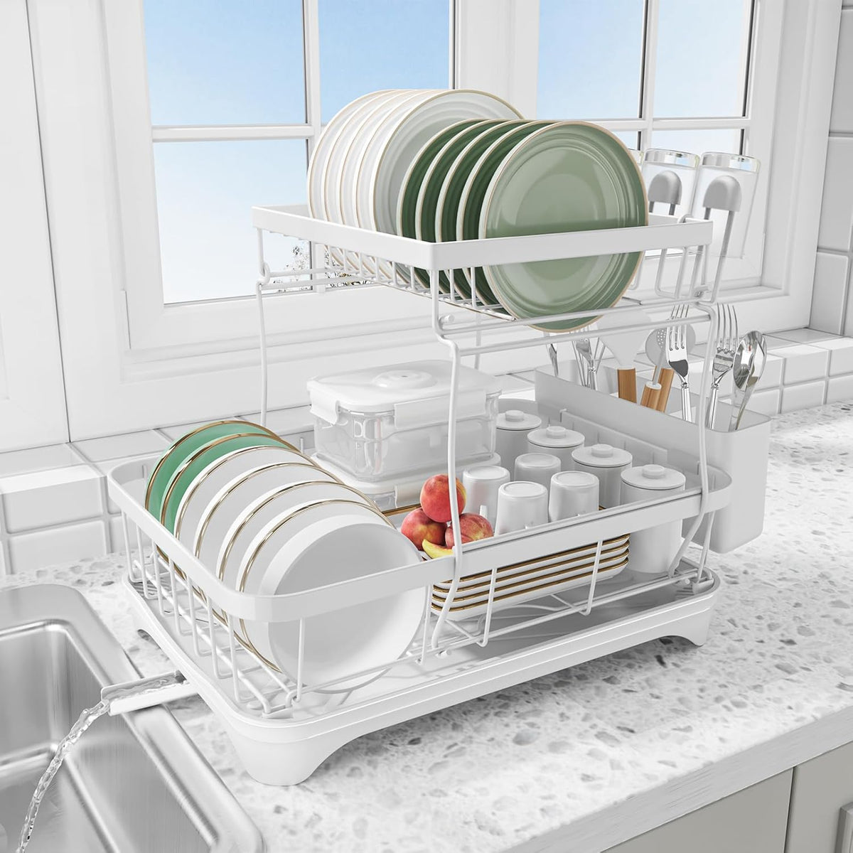 Dish Drying Rack - Auto Draining Dish Rack for Kitchen Counter, Large Capacity Dish Drainers Organizer with Drainboard, 2-Tier Drying Rack with Utensil Holder White