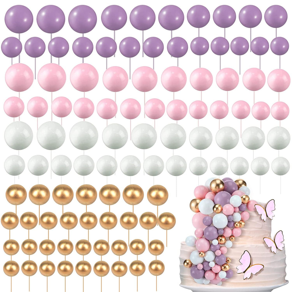 108 Pcs Balls Cake Topper DIY Cupcake Insert Foam Balloons for Cake Baking Wedding Anniversary Birthday Decoration(Pink, Purple, White, Gold,Multi Sizes)