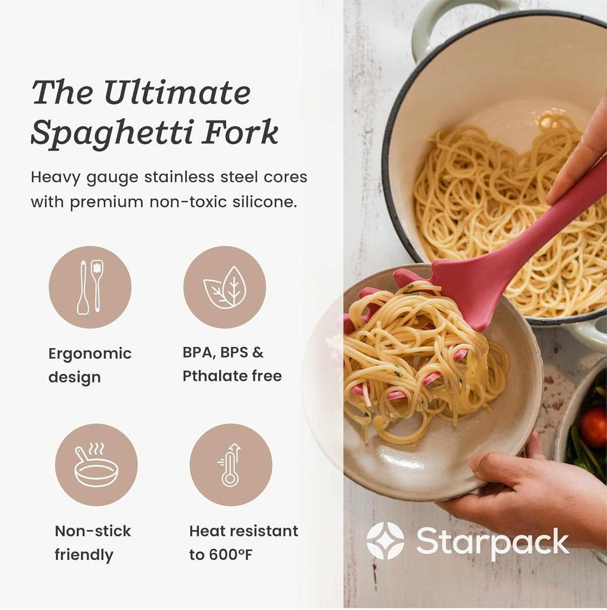 Starpack 'Forking Good' XL Premium Silicone Pasta Fork (13.5") - Spaghetti Spoons High Heat Resistant to 600°F - Silicone Pasta Spoon Strainer - Server Spoon with Teeth - Server Utensil for Pastas