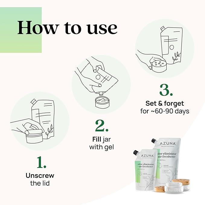 Azuna Air Freshener & Odor Eliminator for Strong Odor | 2 Room Kit Includes (2) 8 oz. Empty Luxe Glass Jars & 12 oz | Refill with Tea Tree Essential Oil Gel | Natural Scent | Last 60-90 Days