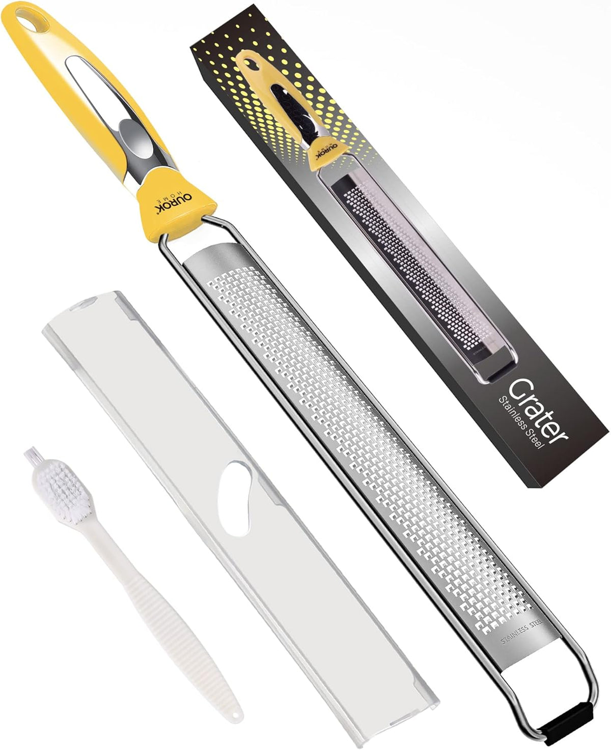 Ourokhome Kitchen Lemon Zester, Stainless Steel Hand Held Parmesan Cheese Grater for Ginger, Chocolate, Coconut, Lime, Nutmeg, Citrus, Fruit, Vegetable with Cleaning Brush, Dishwasher safe, Yellow