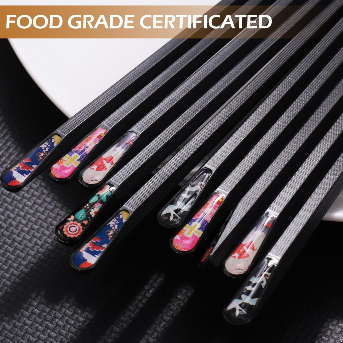 GLAMFIELDS 5 Pairs Premium Chopsticks Reusable Dishwasher Safe 9.5 Inch Fiberglass Chop Sticks Gift Set Hexagon Black Non Slip with the Printed Tops