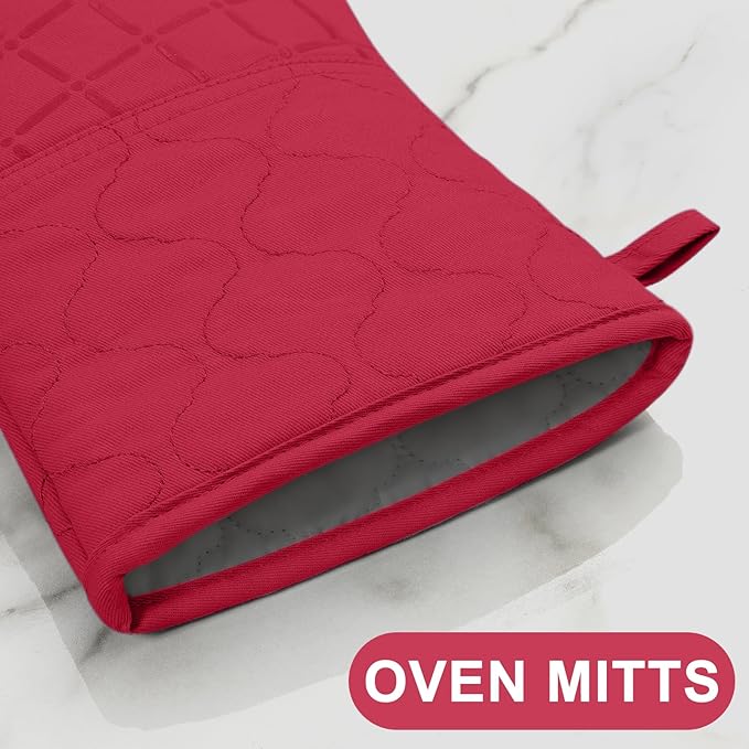 Oven Mitts Kitchen Towels and Dishcloths Pot Holders Sets, Oven Gloves Kitchen Dish Towels 500 Degree Heat Resistant Potholders with Non-Slip Silicone Surface for Cooking, Grilling, Baking-Red