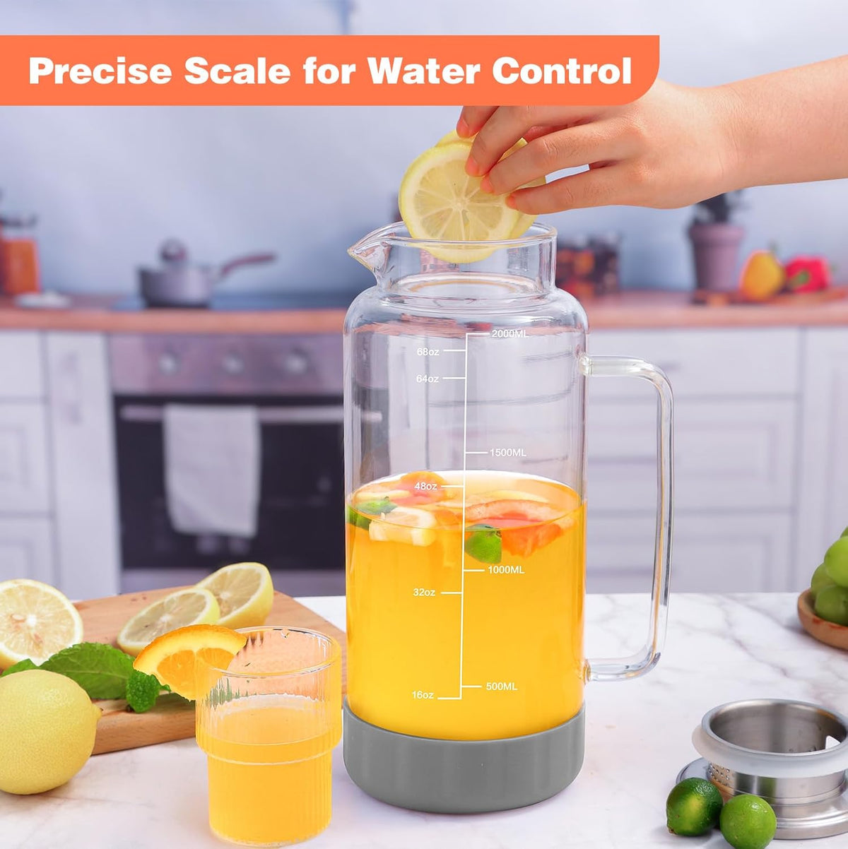 Aofmee 68oz Glass Pitcher with Lid, 2 Liter Water Carafe with Silicone Base and Precise Scale Line, Ice Tea Pitcher for Fridge, Anti-Slip Glass Jug for Sun Tea Juice Coffee Milk Beverage (Gray)