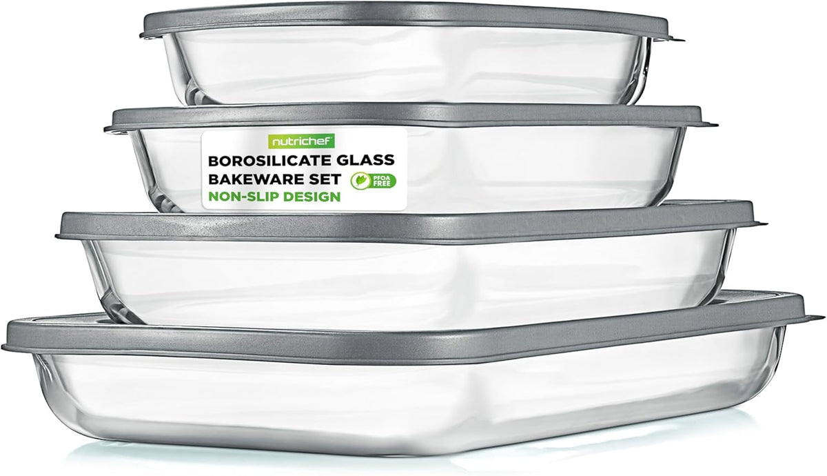 NutriChef 8-Piece Glass Baking Dish Set with Lids, (4 Stackable Rectangular Glass Dish and 4 BPA-Free Lids), Baking Pans for Lasagna, Meatloaf, Casserole, & Leftovers, Cooking, & Dishwasher Safe, Gray
