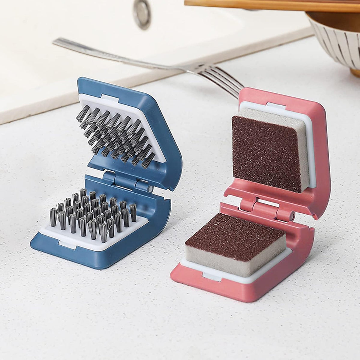 Knife Cleaner, 2 Pack Cutlery Cleaner, Blade Cleaner with 2 Pcs Replacement Sponge Brush Head,Microfiber Cleaning Cloth, for Kitchen Chopsticks Fork Spoon Knives Washing(Blue,Pink)