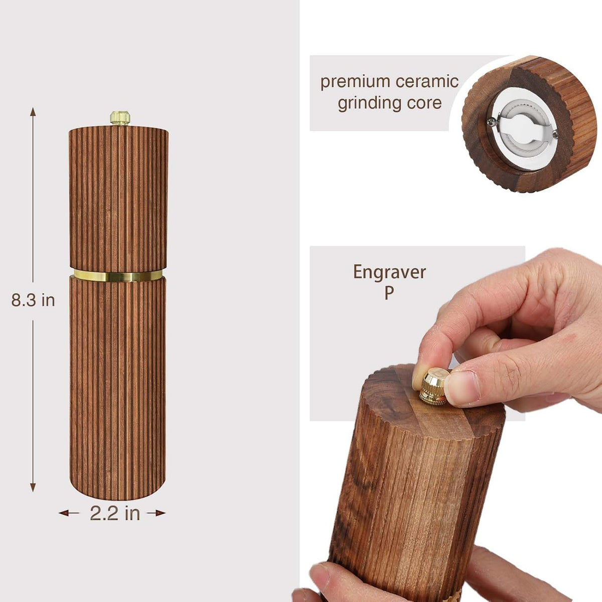Wooden Pepper Grinder Pepper Mill,Adjustable Coarseness Salt Pepper Grinder Shaker Pepper Grinder Refillable,Acacia Wood Salt Grinder for Your Kitchen