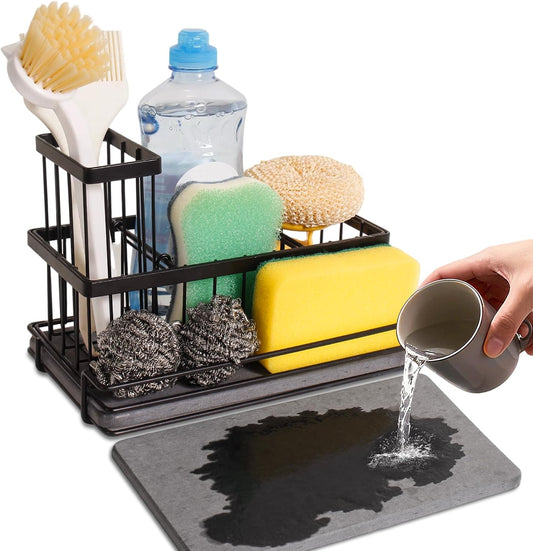 Kitchen Sink Caddy, Sink Sponge Holder with Instant Dry Stone Tray, Stainless Steel Holder for Sponges, Scrubbers & Soap - 9.1" X 5.91" X 5.1" Home Decor Storage Organizer