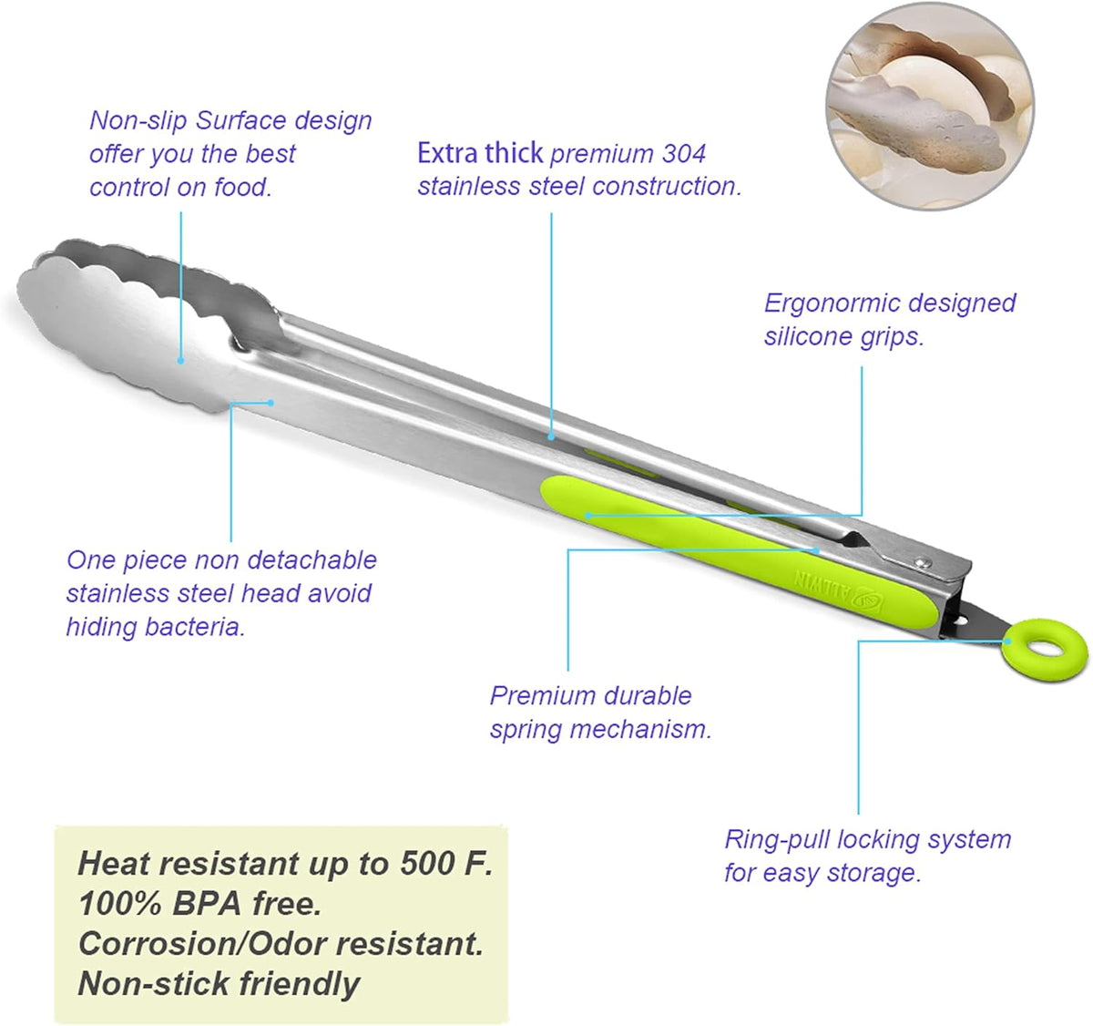 304 Stainless Steel Kitchen Cooking Tongs, 14" and 16" Set of 2 Sturdy Grilling Barbeque Brushed Locking Food Tongs with Ergonomic Grip, Green