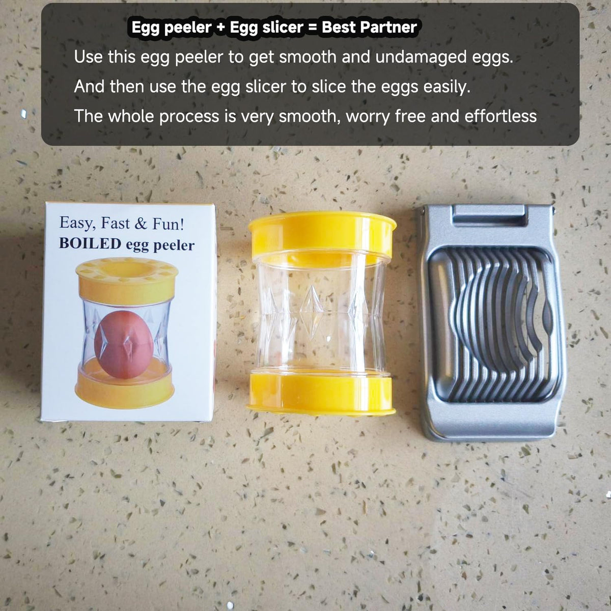Set of 2 Hard Boiled Egg Peeler + Egg Slicer for Hard Boiled Eggs, Heavy Duty Metal Stainless Steel Egg Cutter for Egg Strawberry Mushroom Soft Fruit Kitchen Tool (Peeler+Slicer (Yellow & Sliver))