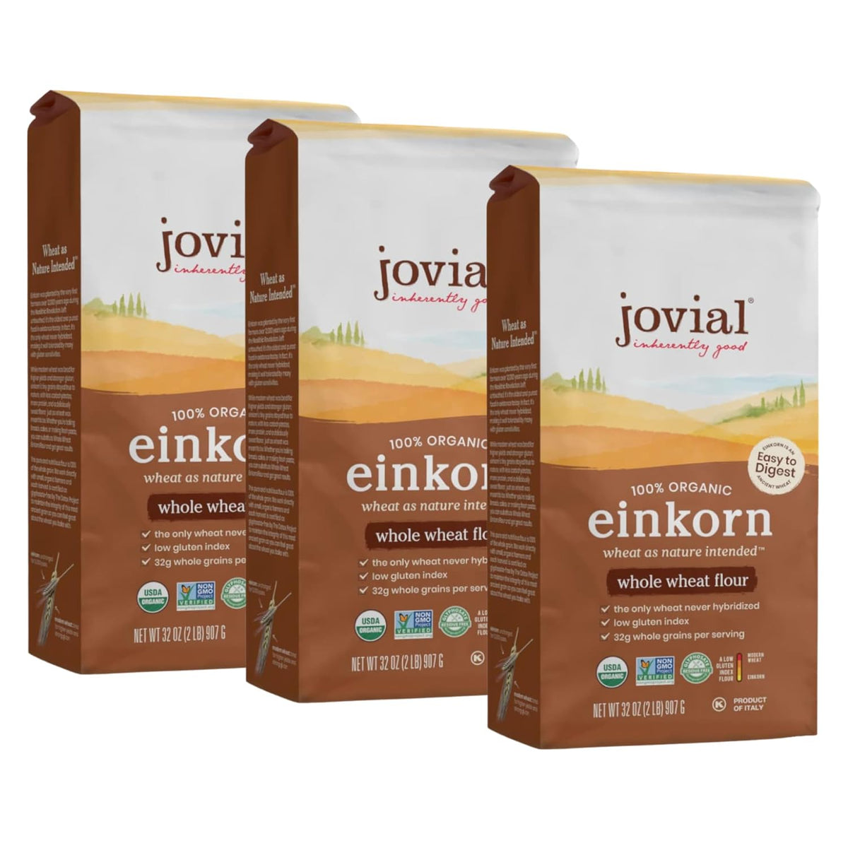 Jovial Organic Einkorn Whole Wheat Flour - Bread Baking Flour for Sourdough, High Protein, Non-GMO, Organic Pizza & Pasta Flour, European Italian Flour, Glyphosate Free - 32 Oz, 3 Pack