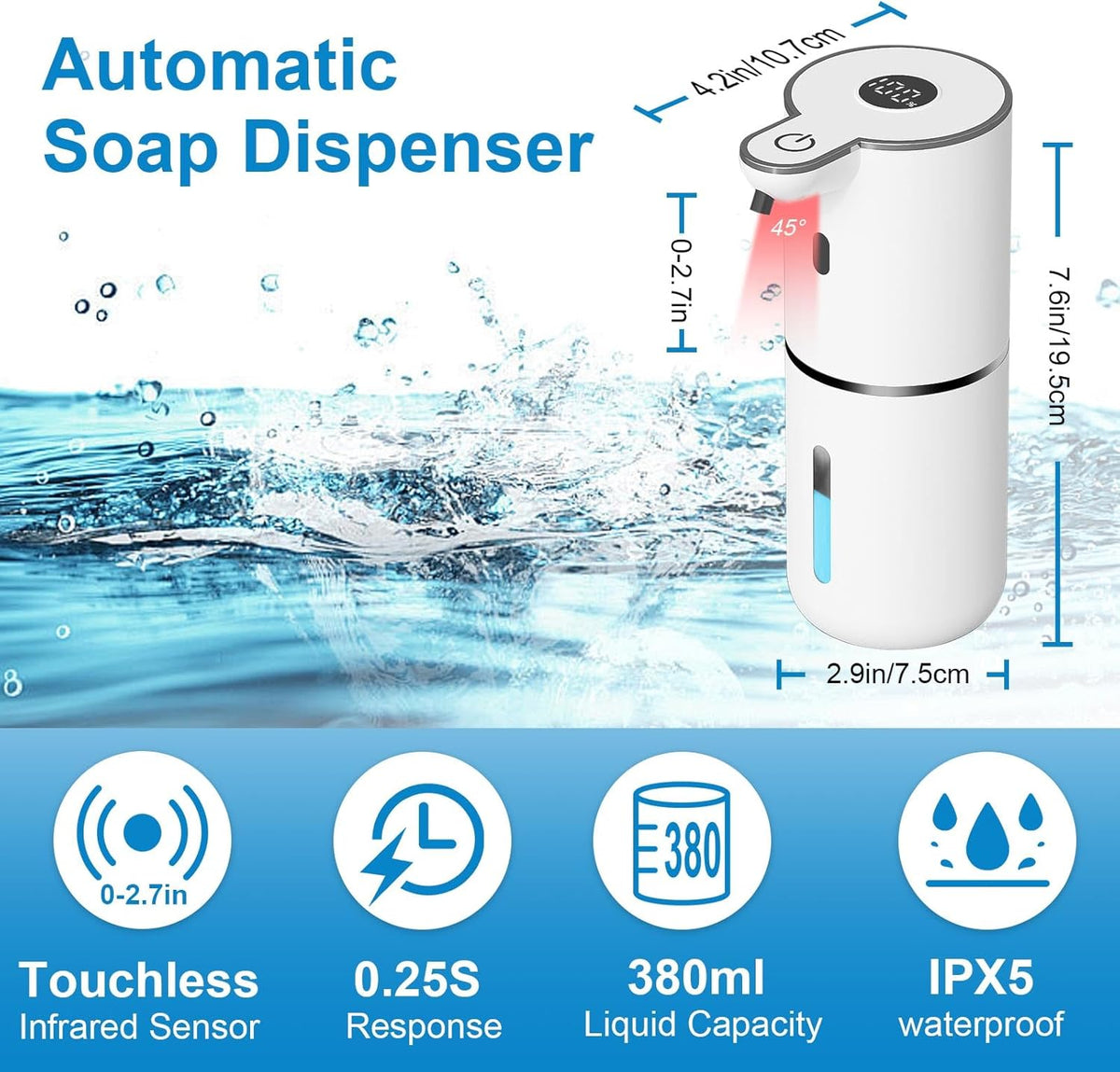 Automatic Foaming Soap Dispenser Touchless, USB Rechargeable Smart Hand Soap Dispenser, 6-Level Adjustable, 12.8oz/380mL Wall Mounted for Bathroom Kitchen Dish Soap