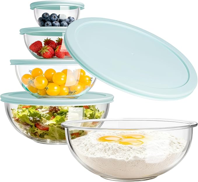 Luvan Glass Mixing Bowl with Lids Set of 5(0.2QT, 0.5QT, 1.1QT, 2.1QT, 3.75 QT), Space-Saving Nesting Bowls Anti-slip Salad Bowls for Storage, Cooking, Microwave,Freezer,Oven and Dishwasher Safe
