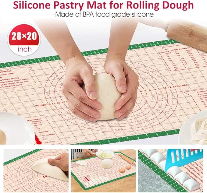 Pastry Baking Mat 28x20 Inch - Larger Silicone Baking Pastry Mat for Rolling Dough,Non Silp Silicon Dough Sheet Mat with Measurement,Perfect for Making Pie,Pizza(Green)