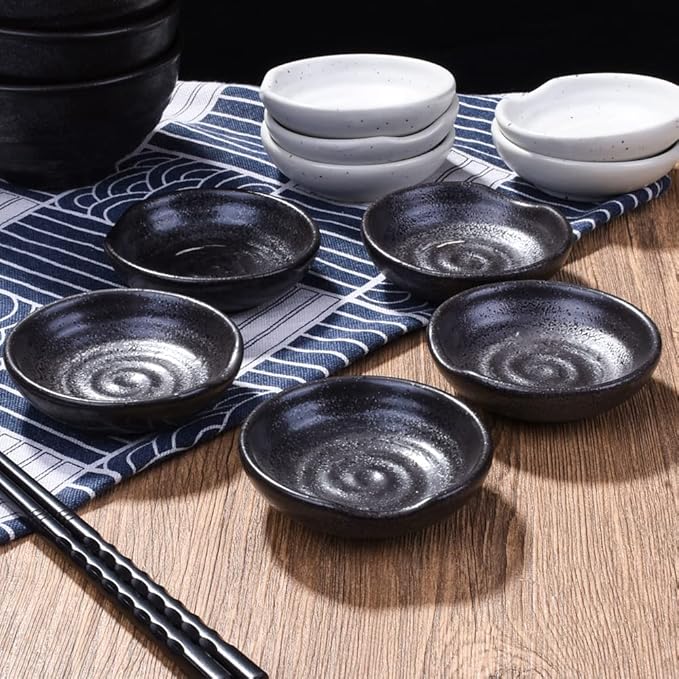 3.1 Inch Porcelain Side Dish Bowl Seasoning Dishes Soy Sauce Dishes Dipping Sauce Bowls-Set of 5,Soy Sauce Dish with Mouth (Black)