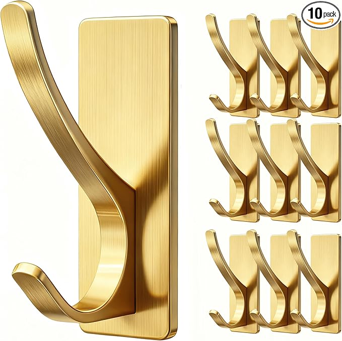 10 Pack Brushed Gold Self Adhesive Coat Hooks for Hanging: 13LB Extra Strong Stainless Double Wall Hook for Towel, Backpack, Hat, Sturdy Metal Hanger for Bathroom, Bedroom, Door, Wall Mounted