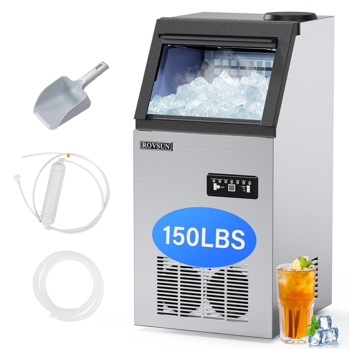 ROVSUN Stainless Steel Commercial Ice Maker Machine, Make 150lbs/24h, 24lbs Storage,Under Counter/Freestanding Automatic Ice Machine for Home Restaurant Bar Cafe