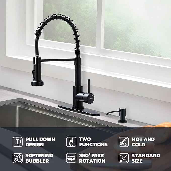 WEWE Black Kitchen Faucet with Soap Dispenser, Kitchen Sink Faucet with Pull Down Sprayer Stainless Steel Single Handle High Arc Pull Out Matte Black Faucet for Bar Laundry RV Utility