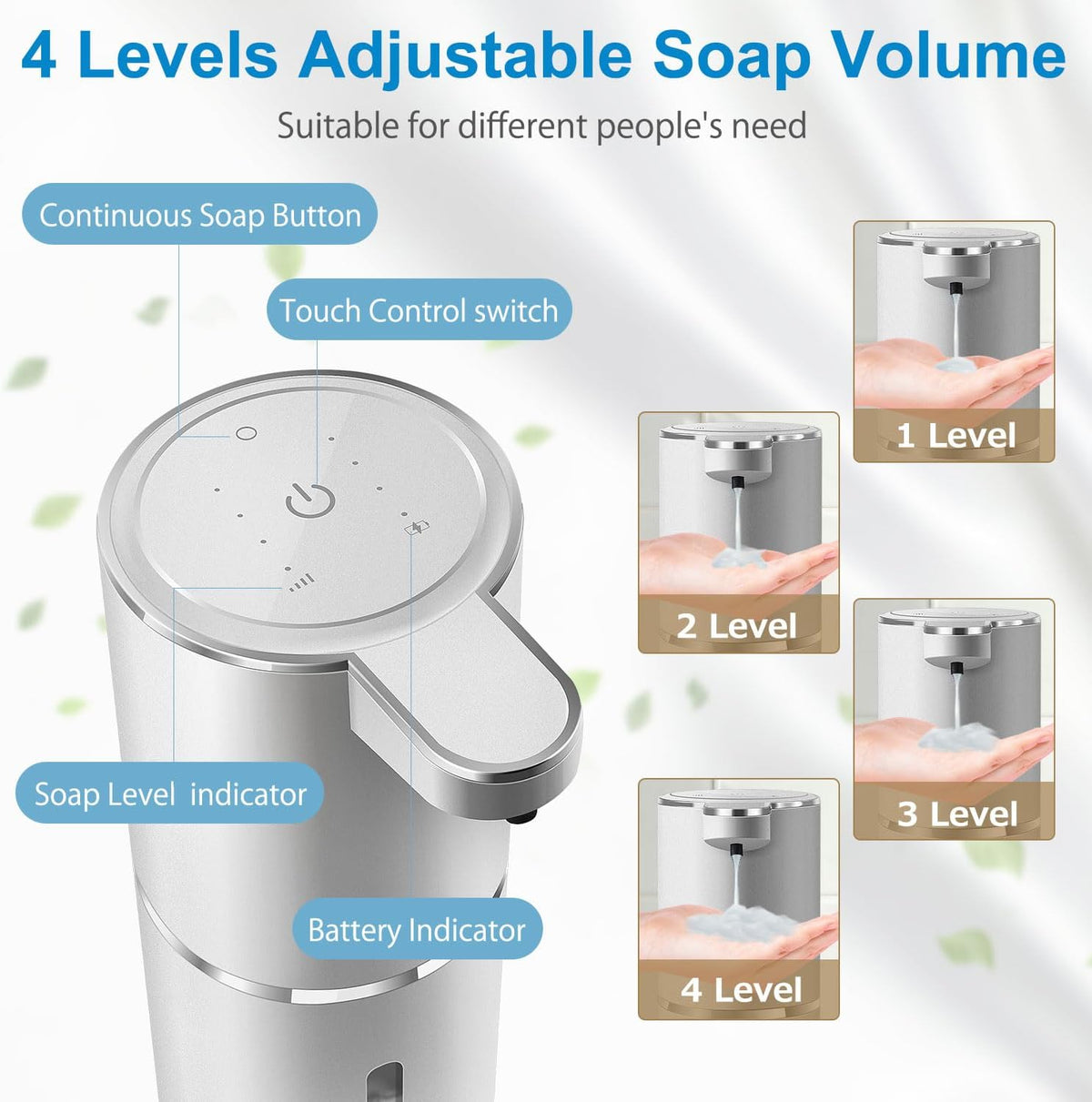 Automatic Liquid Soap Dispenser,4-Level Adjustable, Wall Mount,USB Rechargeable,12.8oz/ 380ml,Touchless Hand & Dish Soap Dispenser for Bathroom, Kitchen,Hotel, Restaurant