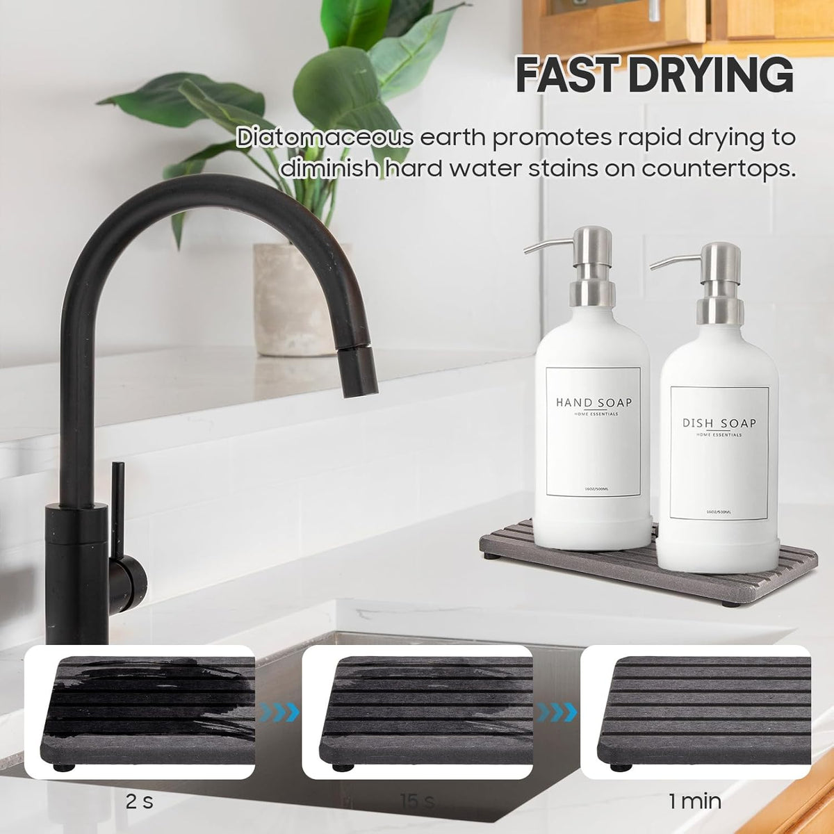 Kitchen Soap Dispenser Set with Instant Dry Tray & Sponge Holder,16 Oz Hand and Dish Soap White Glass Dispenser Set,Stainless Steel Pump,Waterproof Labels,Luxury Soap Bottle for Bathroom