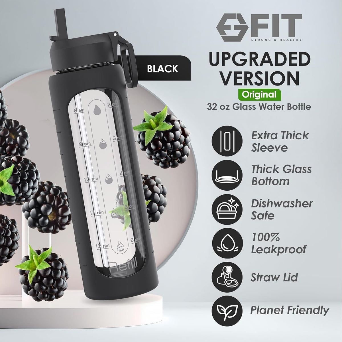 FIT Strong & Healthy 32 oz Glass Water Bottle with Straw Lid, Time Marker, Sleeve & Extra Lid - Motivational, Wide Mouth 1 Liter Glass Drinking Bottle