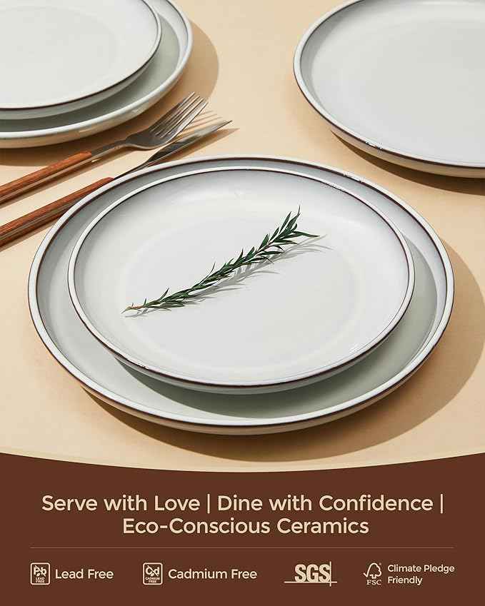 18 Piece White Stoneware Dinnerware Set for 6, Santorini Mist Terracotta Plates and Bowls with Reactive Glaze, Microwave & Dishwasher Safe, Aesthetic Ceramic Dishes for Family Meals & Hosting