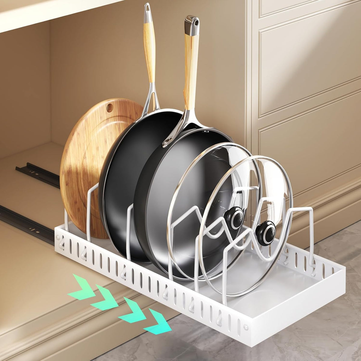 Pull Out Pots and Pans Organizer Under Cabinet, Sliding Lid Holder and Pan Rack in Kitchen, Slide Out inside Cabinet Storage for Pot Lid, Bakeware, Dishes, 6 Adjustable Dividers, 1 Pack White