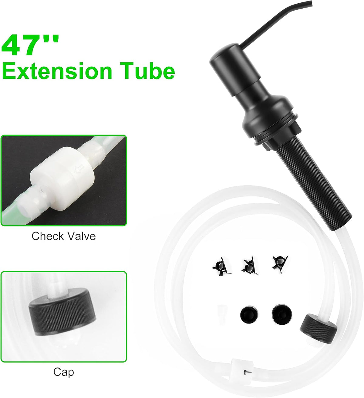 Soap Dispenser for Kitchen Sink, Sink Soap Dispenser with Longer Threaded Shaft Shank, 47" Extension Tube Connects Directly to Dish Soap Container, Wider Pump Head Base （Black）