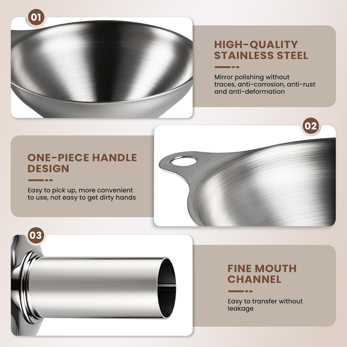 Supercenter Kitchen Funnel, Stainless Steel Mini Funnel, Set of 3, Perfect for Transferring Liquids, Oils, Powders, Spices, with Round Ring and Cleaning Brush