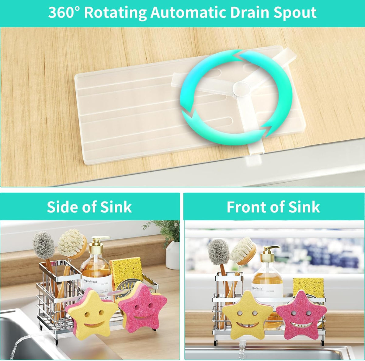 HapiRm Sink Caddy Sponge Holder - Self-draining Kitchen Sink Organizer with Smiley Face and Brush Holder, Stainless Steel Kitchen Sponge Caddy for Countertop - Silver