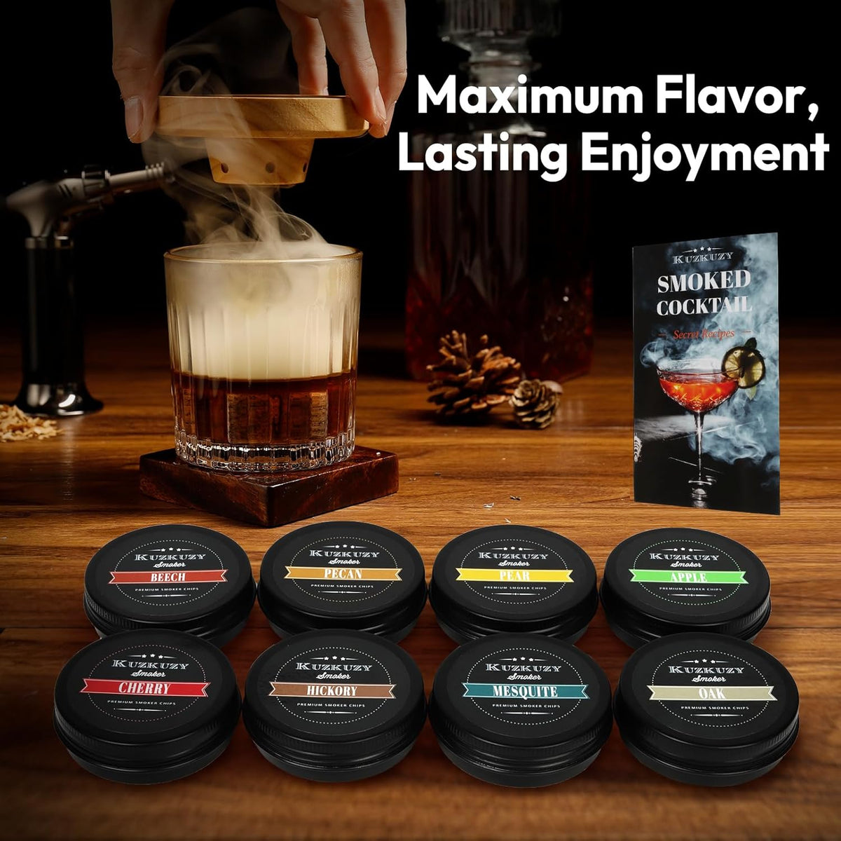 Cocktail Smoker Wood Chips Variety Pack - 8 Unique Flavors for Bourbon Whiskey Smoker Kit - Apple, Hickory, Cherry, Pear, Oak, Pecan, Beech, Mesquite, Perfect for Gift for Whiskey Lover & Home Bar