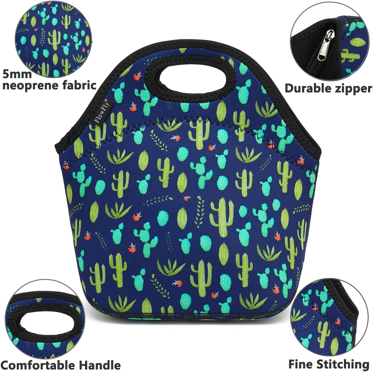 FlowFly Neoprene Lunch Tote Insulated Thermal Reusable Lunch Bag Box for Boys Men with Zipper (Cactus)