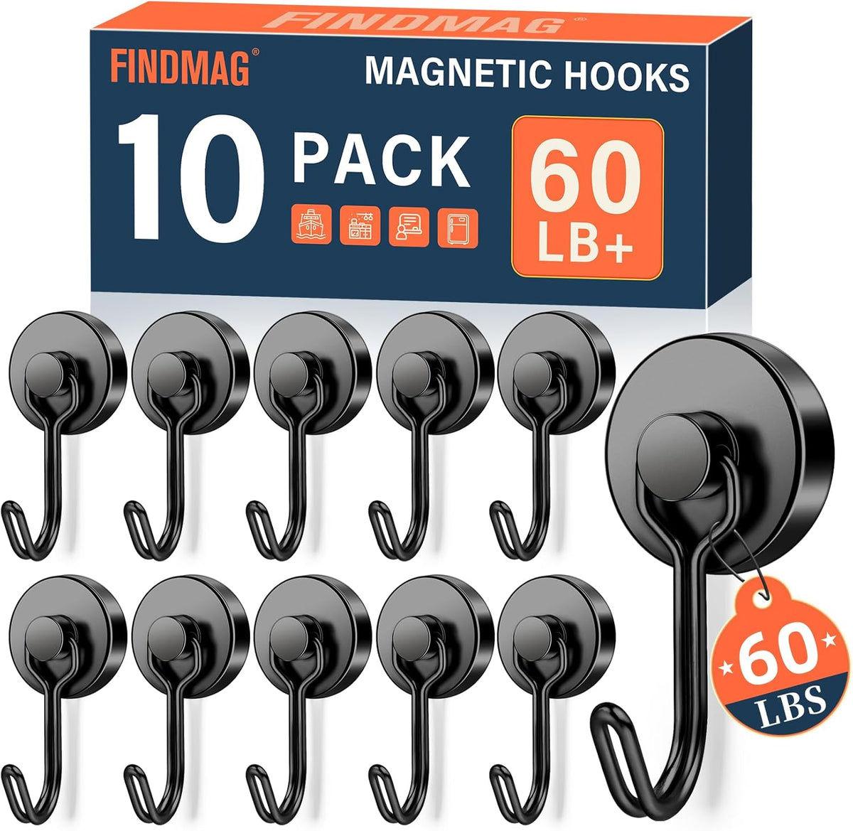 FINDMAG Strong Magnetic Hooks, 60lb+ Magnetic Hooks for Cruise Cabins, Rare Earth Magnet with Hook for Fridge, Magnetic Hook for Hanging Heavy Duty, Magnetic Hangers for Locker, Toolbox, Wall, Home