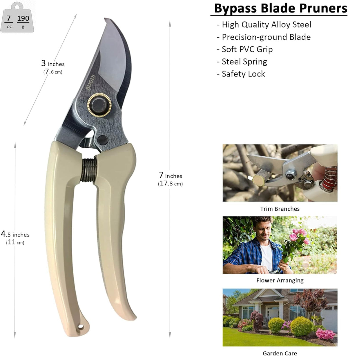 BUGUI Pruning Shears Garden Shears - Premium Alloy Steel Bypass Pruner, Precision-ground Blades, Heavy Duty Gardening Tools, 7" (H101)