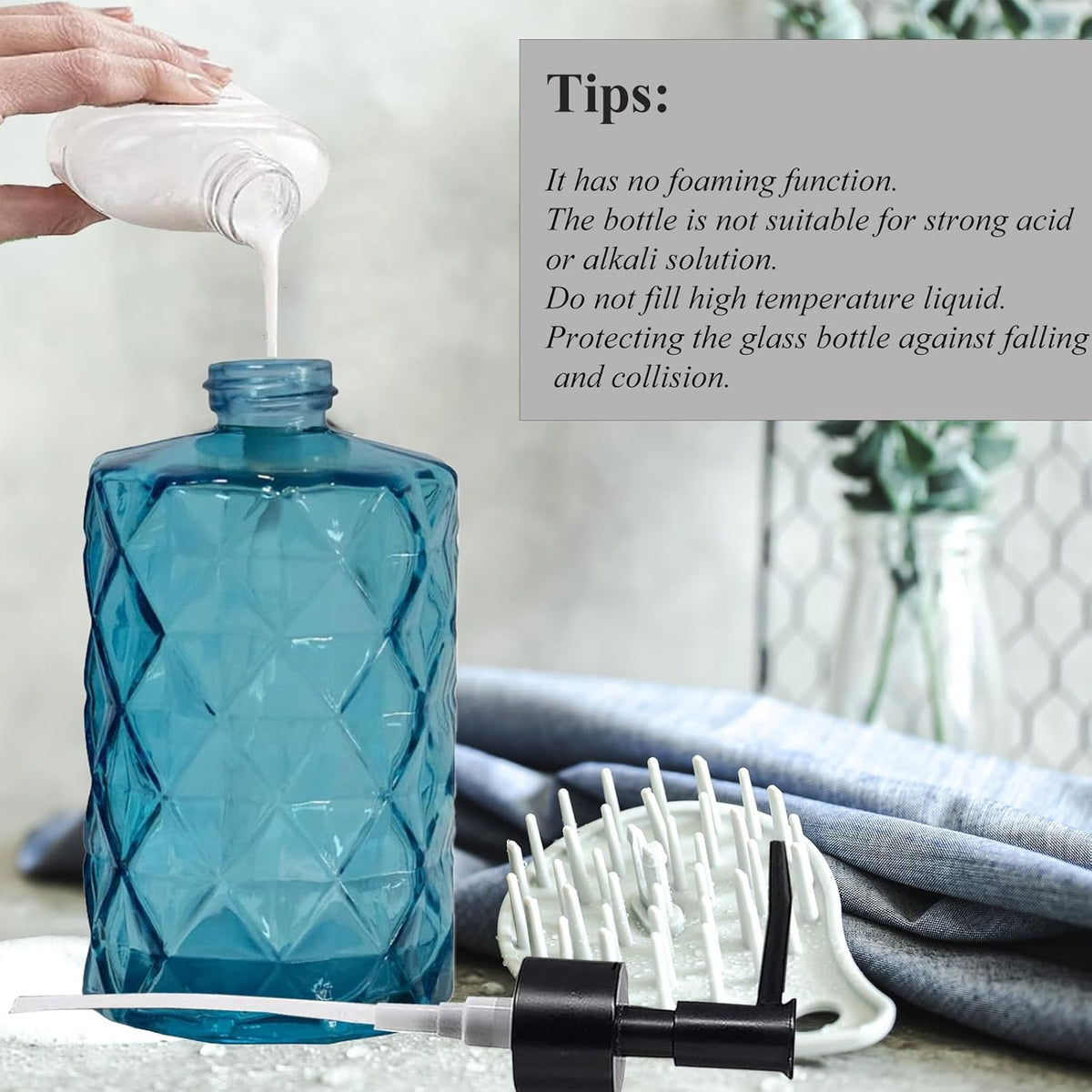 12Oz Small Glass Soap Dispenser with Black Plastic Pump, Blue Refillable Kitchen Countertop Liquid Hand Soap Dispensers with Diamond Design, Crystal Bathroom Lotion Bottle for Dispense Dish Soap