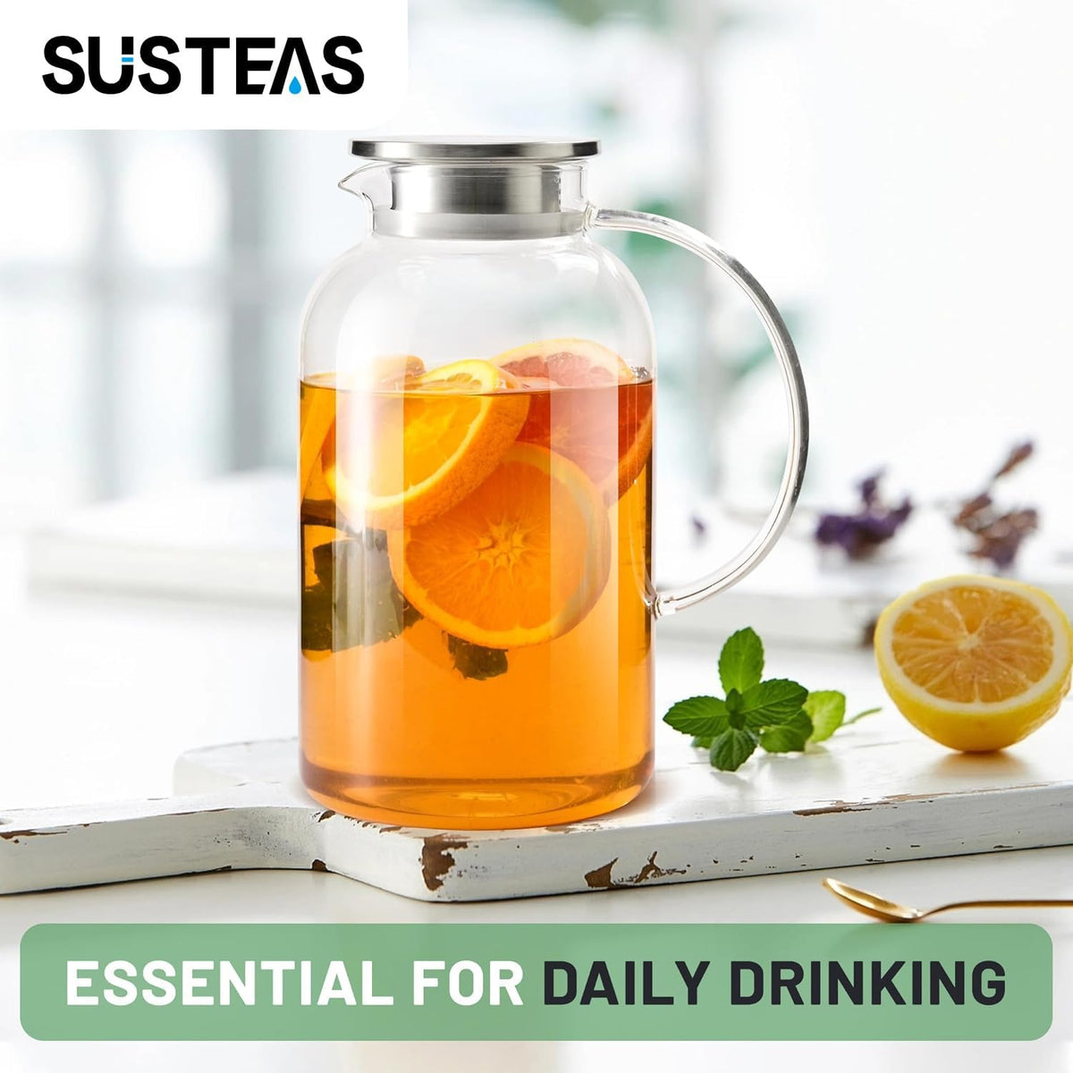 SUSTEAS 2.2 Liter 75oz Glass Pitcher with Lid, Easy Clean Heat Resistant Glass Water Carafe with Handle for Hot/Cold Beverages - Water, Cold Brew, Iced Tea & Juice, 1 Long-Handled Brush Included