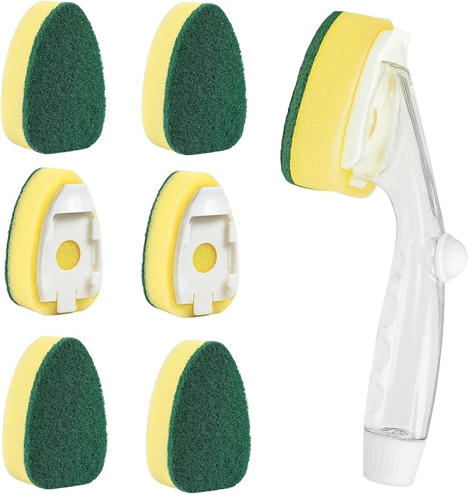 Dishwand Refills Soap Control Handle,6 Heavy Duty Dish Wand Sponge Heads,Non Scratch Scrubbers Replacement Refill Brush Dispenser,Dishwashing Scrub for Sink Stick Kits Dishwasher Cleaning Tool