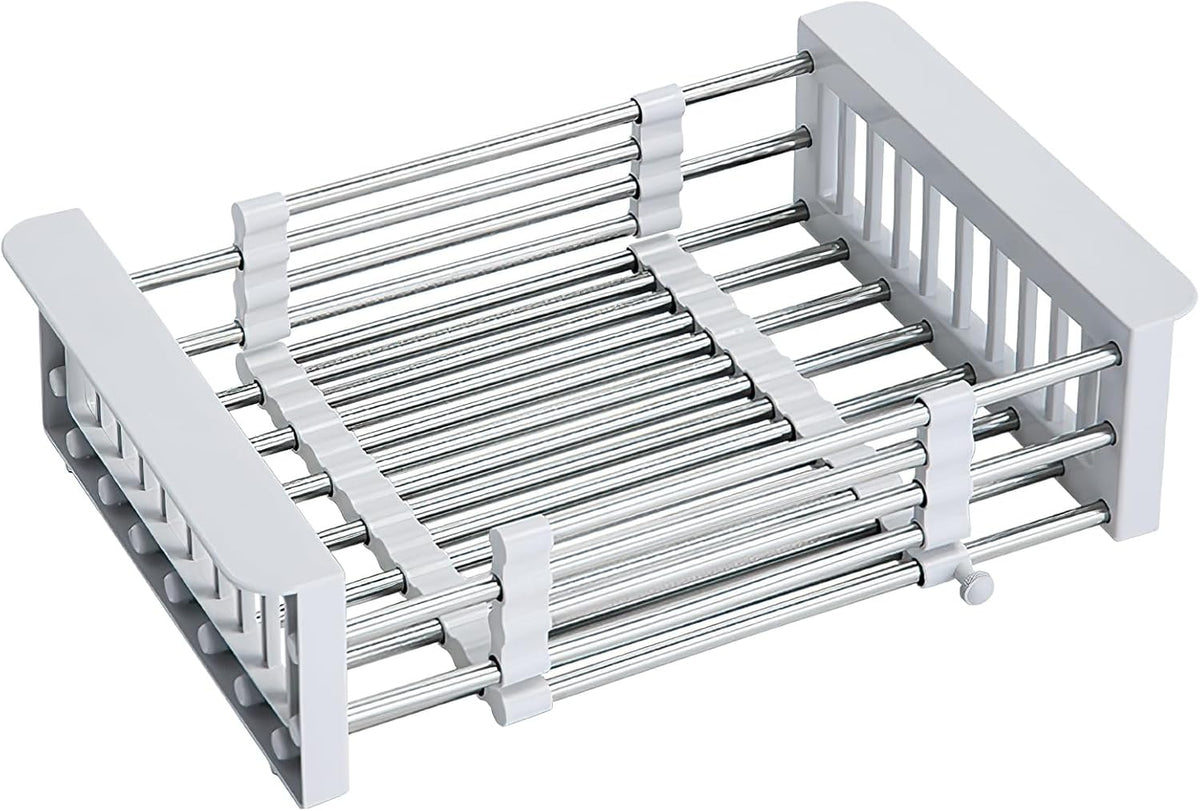 COVRA Over Sink Dish Drying Rack, Stainless Steel Drainer for 11"-19" Sinks, Kitchen Countertop Organizer for Dishes, Vegetables, and Fruits (Gray)
