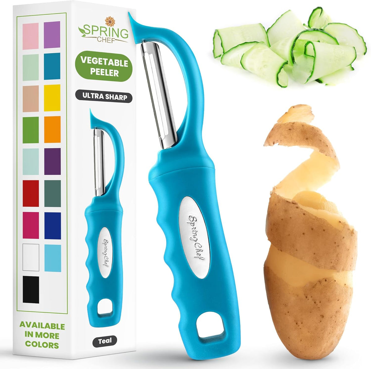 Spring Chef Premium Swivel Vegetable Peeler, Comfortable Handle and Ultra Sharp Stainless Steel Blades - Perfect Kitchen Peeler For Veggie, Fruit, Potato, Carrot, Apple - Teal