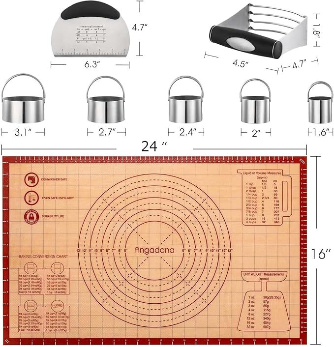 Biscuit Cutter,Pastry Cutter, Bench Scraper, Silicone Pastry Dough Baking Mat Set, Baking Tools and Accessories Kit