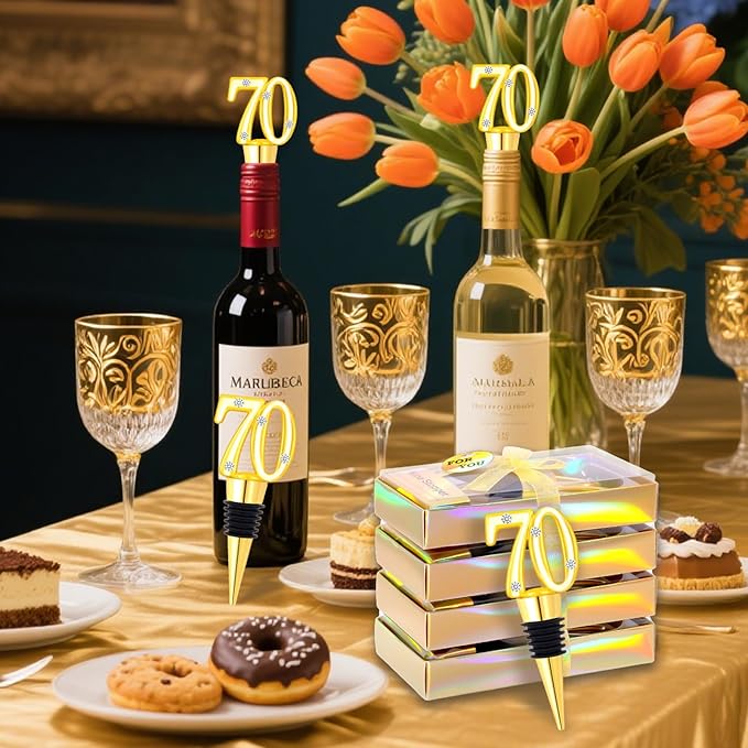 30Pcs 70th Birthday Party Favors Wine Stoppers 70 Anniversary Wine Bottle Stopper Wine Bottles Stoppers Wedding Favor Individual Gift Box for Birthday Wedding Anniversary Decorations Souvenirs (70th)