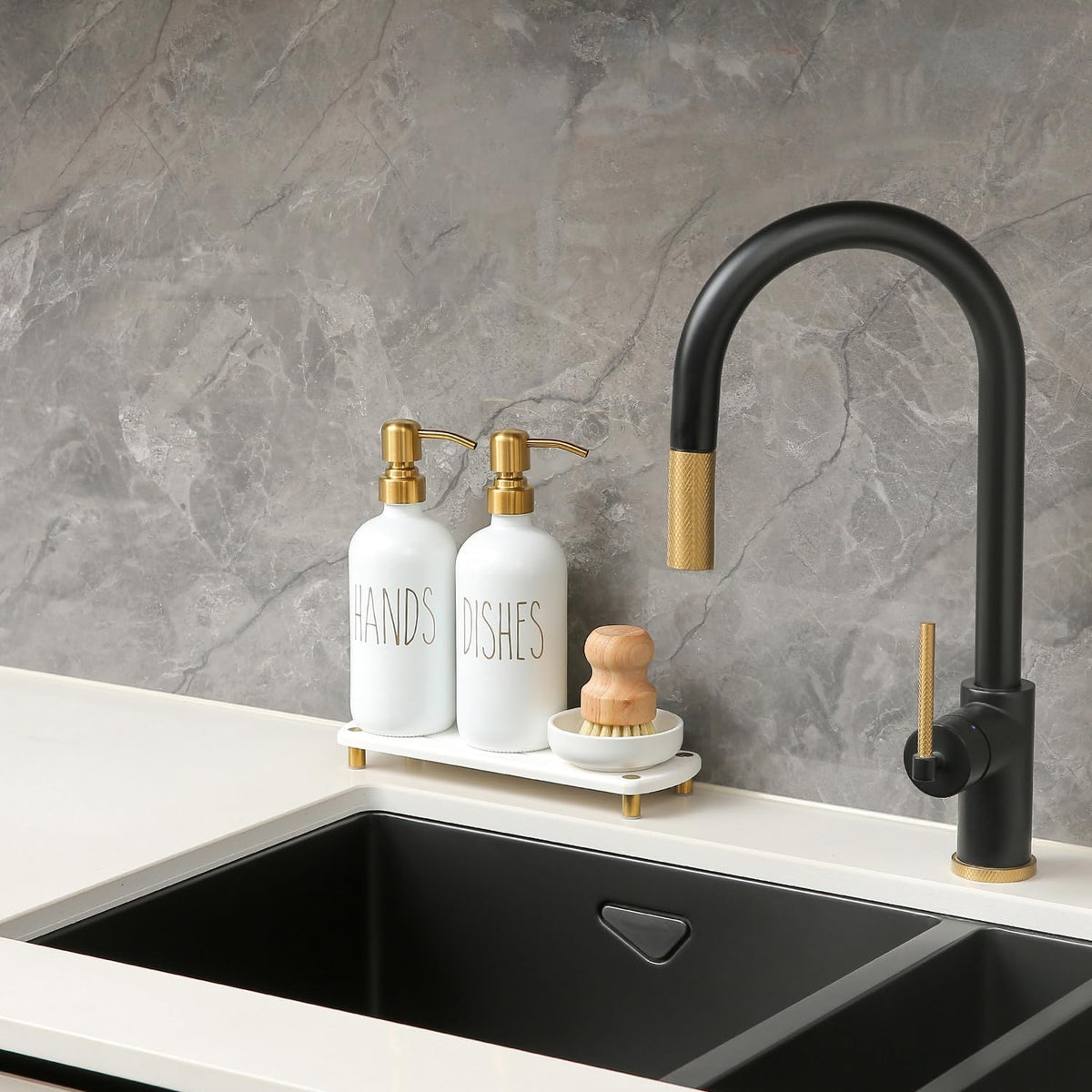 MOMEEMO Gold Soap Dispenser Set Comes with Stainless Steel Pumps, Instant Dry Tray, and Dish Scrub Brush, Suitable for Kitchen Decor and Accessories. (Gold)