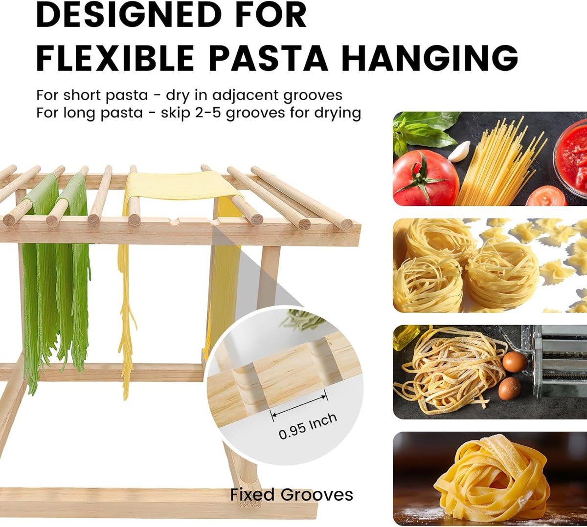 Wooden Pasta Drying Rack with 12 Detachable Rods & Fixed Grooves, Effortless Pasta Transfer, Holds Short/Long Noodles