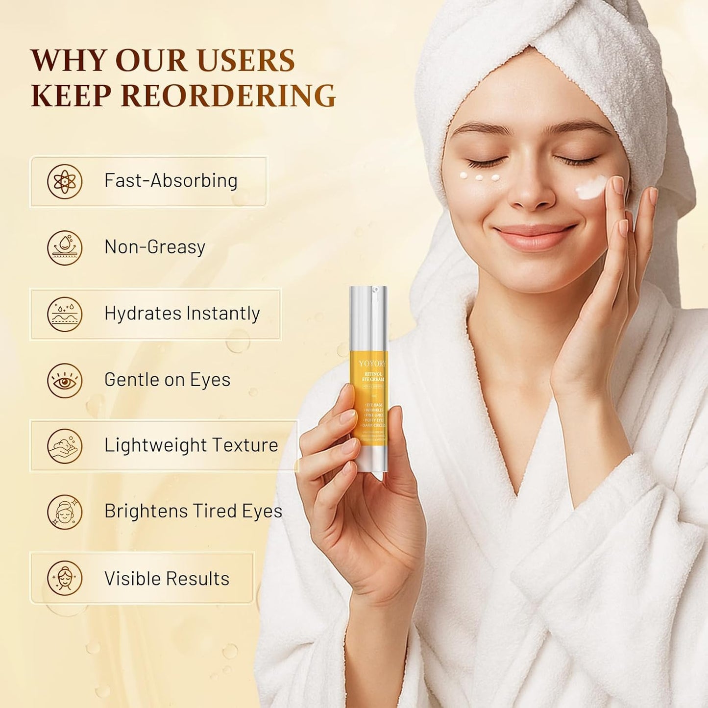 Retinol Eye Cream for Dark Circles - Rapid Under Dark Circles,Wrinkles, Eye Bags, Puffiness Remover for Women and Men, Temporary Firming & Tightening Treatment 0.66 fl oz (Golden)