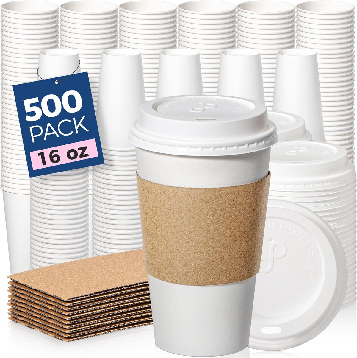 Fit Meal Prep 500 Pack 16 oz Disposable Coffee Cups with Lids, Sleeves, Leak-Proof To Go Coffee Cups with Lids, Durable Hot Paper Cups for Home, Office, Party, Business