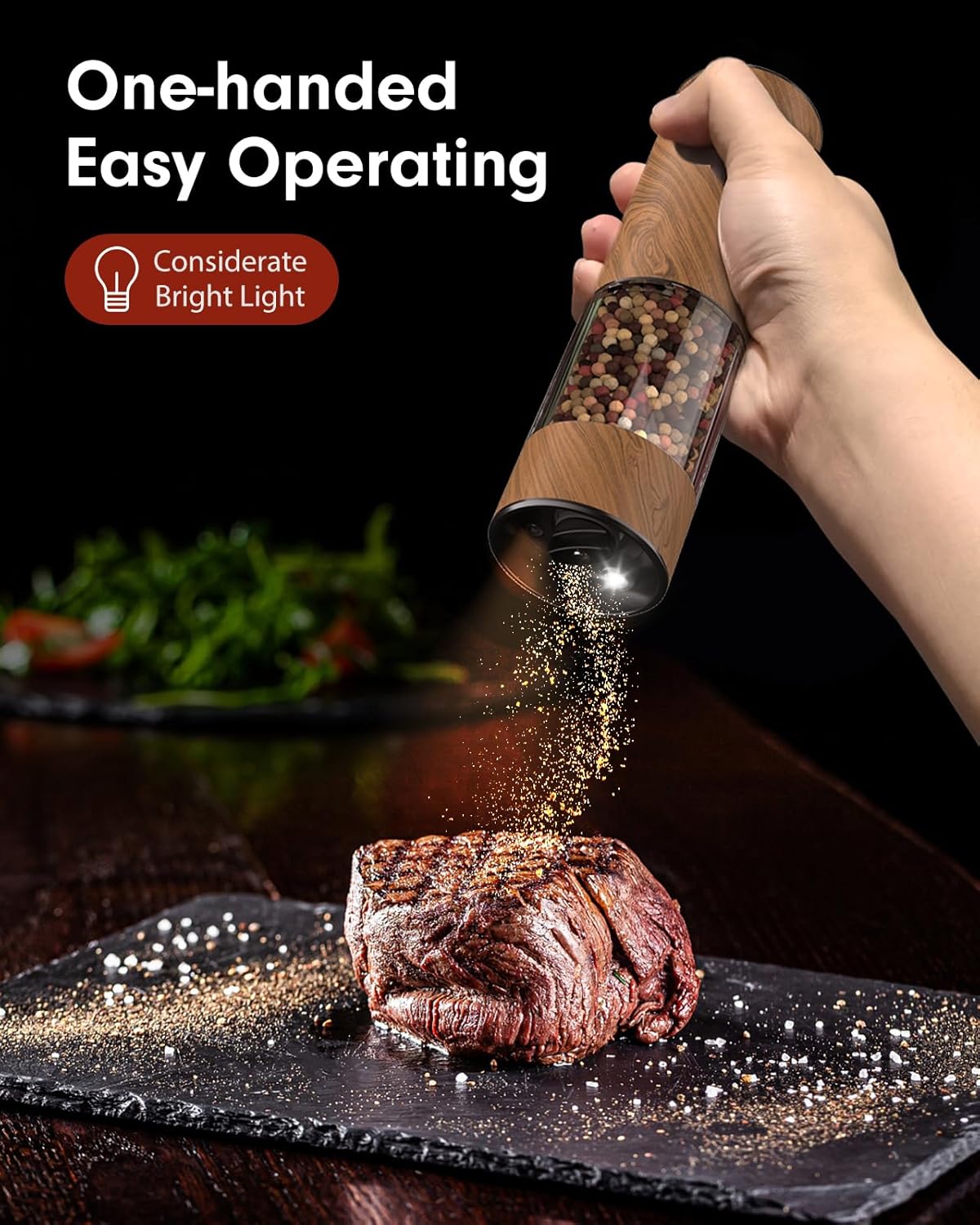 TOMEEM Upgraded Larger Capacity Electric Salt and Pepper Grinder Set Rechargeable with LED lights, Stainless Steel Automatic Pepper and Salt Grinder Refillable with 5 Adjustable Coarseness Wood Grain