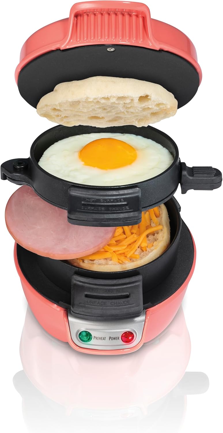 Hamilton Beach Breakfast Sandwich Maker with Egg Cooker Ring, Customize Ingredients, Perfect for English Muffins, Croissants, Mini Waffles, Perfect White Elephant Gifts, Coral (25483)