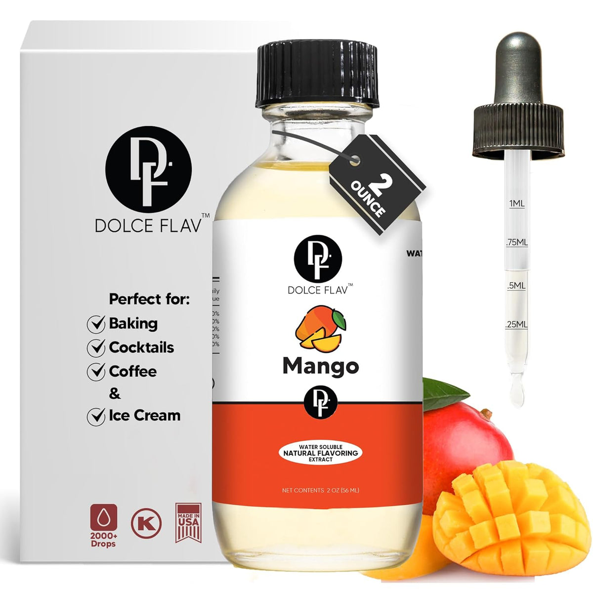 Dolce Foglia Mango Extract - 2 Ounce Water-Soluble Multipurpose Flavoring Ideal for Baked Goods, Beverages, Coffee, Desserts & Ice Cream - Mango Essence Perfect for Weight Management